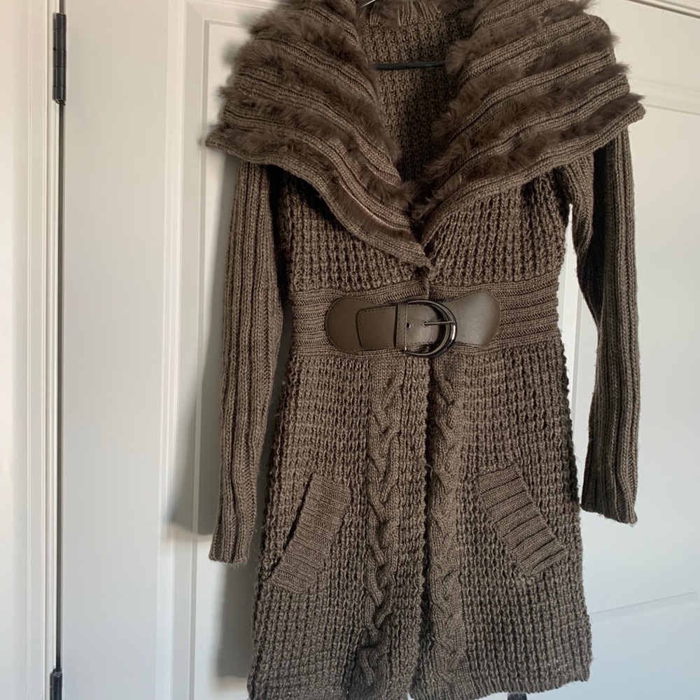 Brown Belted wool sweater jacket